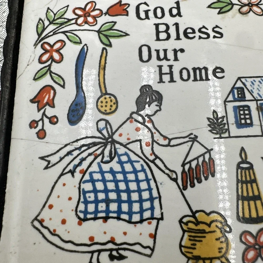 Vintage Cast Iron Trivets with Tile Inserts God Bless Our‎ Home Kitchen